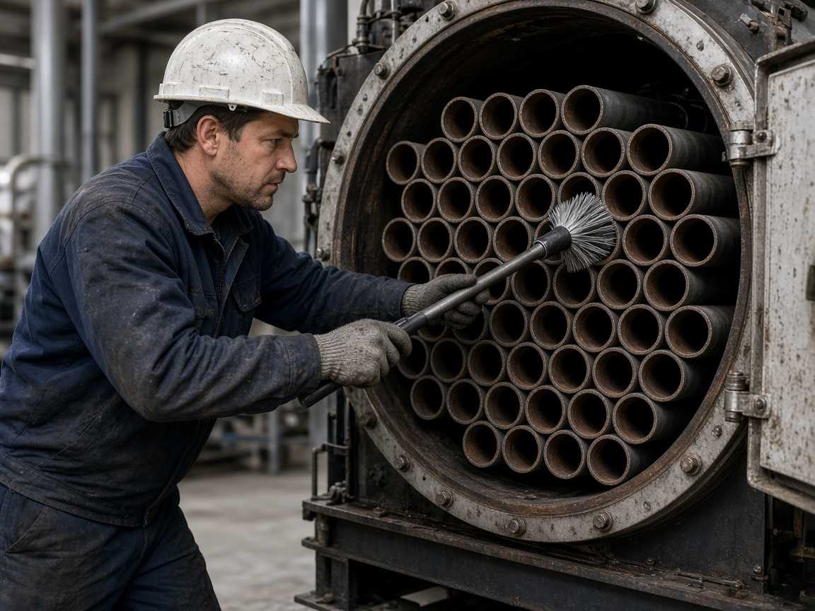 Чистка жаровых труб Инженер выполняет механическую чистку жаровых труб котла